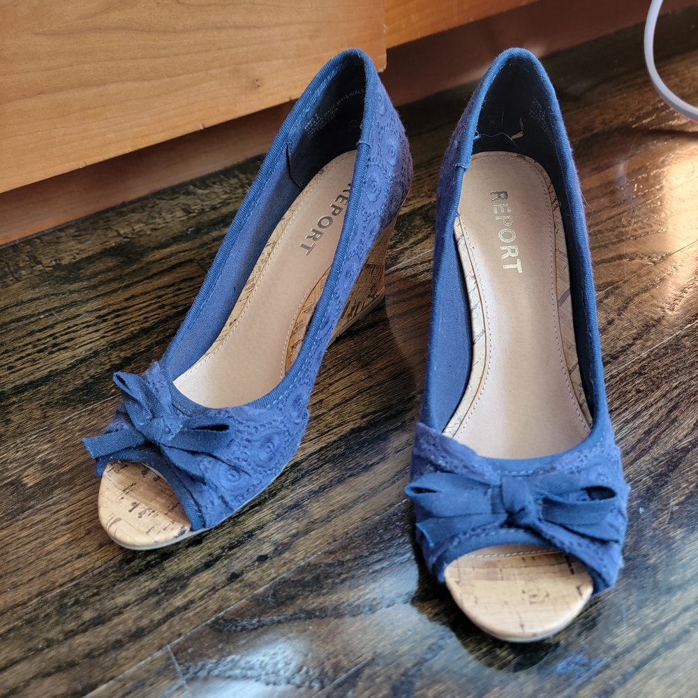 Report Navy Peep-Toe Wedge Heels with Bow